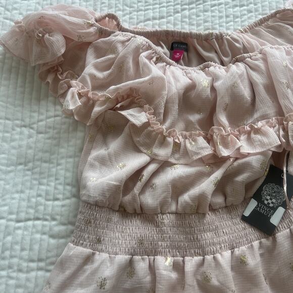 Vince Camuto Foiled Tiered Off-The-Shoulder Maxi Dress Rose Pink Size Medium NEW - Picture 7 of 12